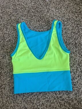 Tiger Friday Reversible Quattro Neon Lime and Aqua Colorblock Crop Tank